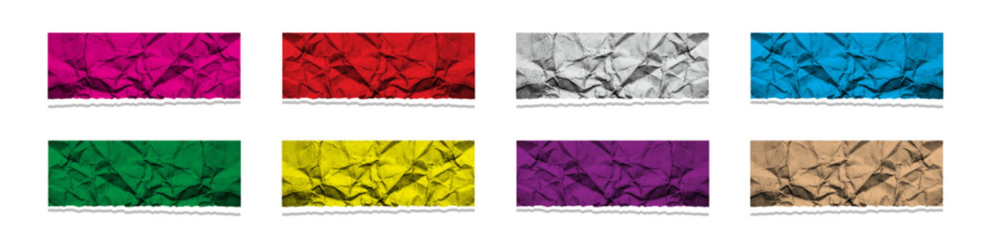 Set of eight colorful rectangle buttons with grunge texture pattern for web design and user interface elements in vibrant solid colors isolated on transparent background