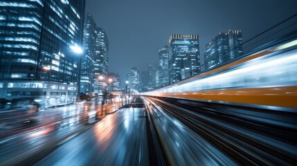 Obraz premium Urban Night Scene with Blurred Train Motion and City Lights Displaying Modern Architecture and Vibrant Atmosphere in a Metropolitan Setting