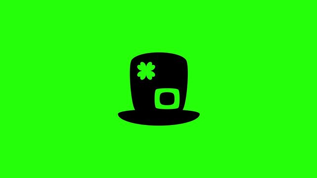Clean 4K horizontal video of a classic Irish leprechaun top hat with a buckled belt and clover silhouette bouncing. Universal party design asset.