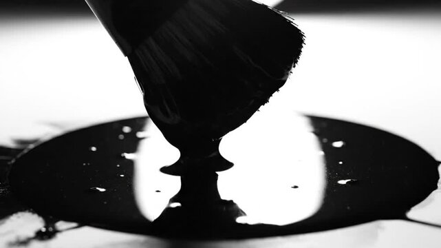Black paint dripping from a paintbrush onto a white surface in grayscale, creating a dark, liquid pool