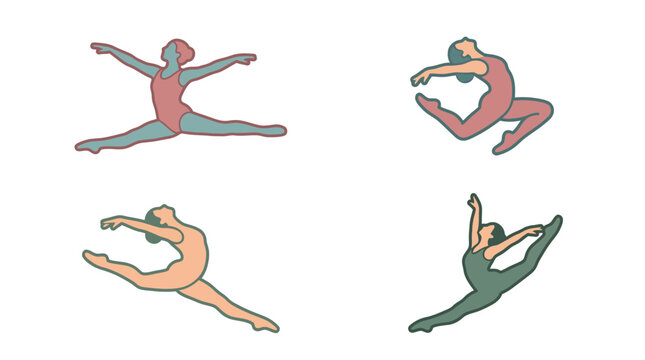 Four minimalist illustrations of female ballet dancers leaping