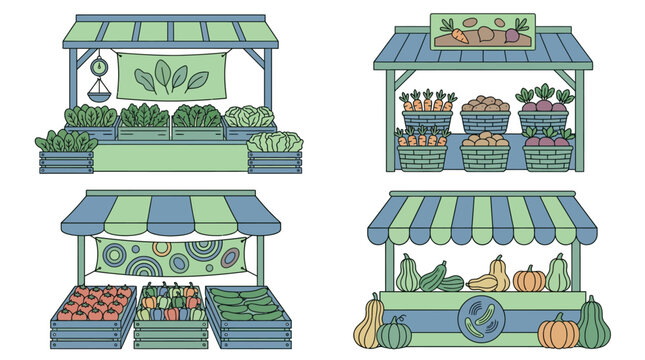 Vector illustration of four farmers market vegetable stalls