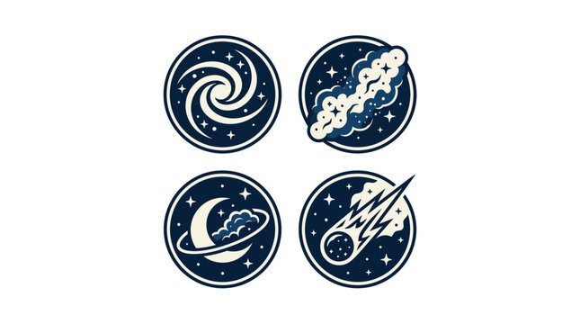 Set of four retro space icons on a white background