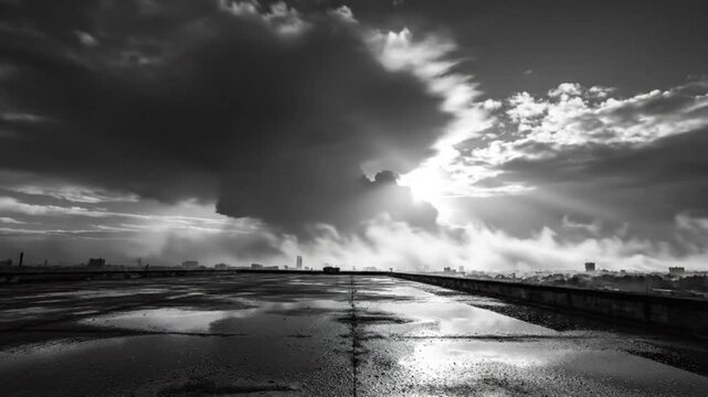 Dramatic black and white scene of a rooftop cityscape reflecting sunlight through ominous rain clouds