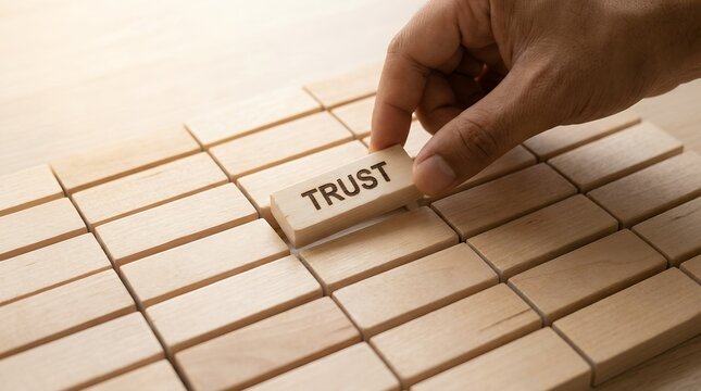 A hand carefully places a wooden block with the word TRUST inscribed on it amidst a grid of similar blocks symbolizing connection and confidence building blocks wooden blocks