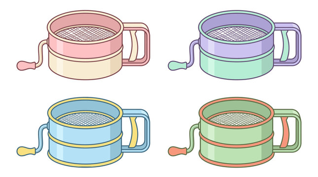 Four colorful flour sifters are shown in a vector illustration