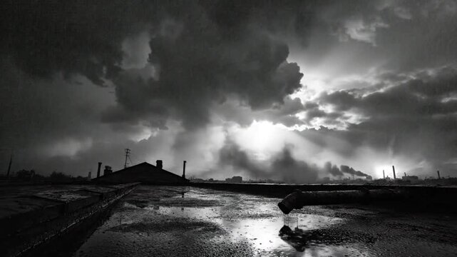 Dramatic black and white rooftop landscape with rain, water, and dramatic clouds reflecting the sun