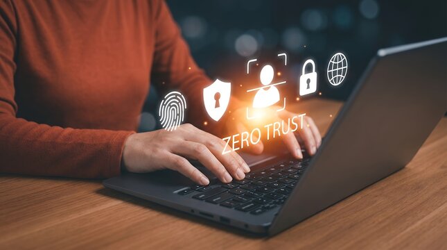 Person typing on laptop with glowing digital security icons representing zero trust fingerprint user lock and globe cybersecurity data protection authentication identity access control