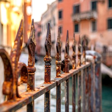 A close-up of a rusty metal fence with decorative tips overlooking a serene canal with blurred buildings in the background