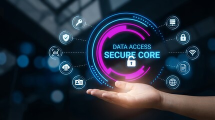 Fototapeta premium A human hand holds glowing digital interface displaying icons for data access and secure core with a lock symbol security technology information protection