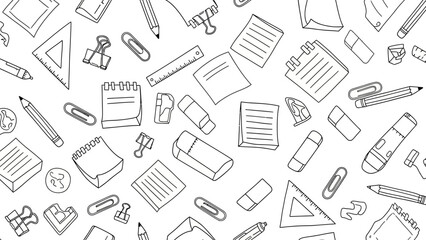 Hand drawn school supplies and office stationery seamless pattern. © Yann