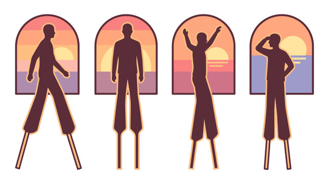 Four silhouettes of people walking on stilts at sunset