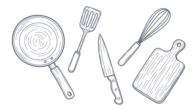 Hand drawn sketch of various kitchen utensils and cooking tools.