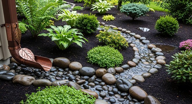 Stone path in a lush green backyard garden with decorative plants and bushes. downspout garden