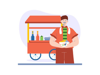 Naklejka premium A chicken noodle seller carries a bowl of noodles on the side of the road. Noodles illustrations. Flat vector concepts.