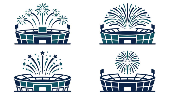 Four stadium icons with fireworks on a white background