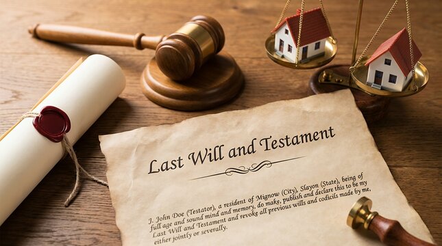 A wooden gavel rests near a sealed scroll and a Last Will and Testament document with scales holding miniature houses law justice legal estate inheritance property real estate