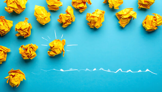 Scattered crumpled yellow paper balls with one illuminated, symbolizing a new idea or inspiration, on a blue background