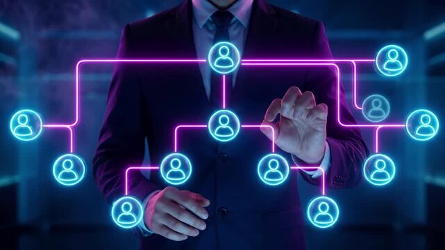 Business network and corporate hierarchy structure. Executive in suit touching virtual interface with connected team members for organization management. Human resources, leadership, and digital