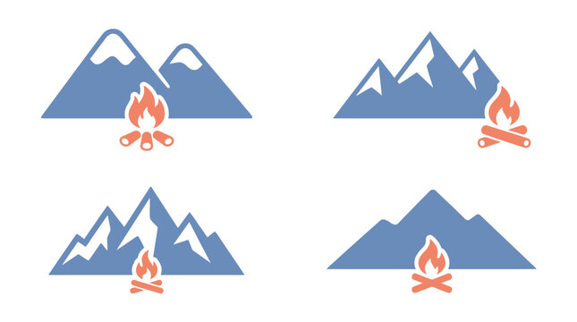 Vector icons of blue mountains and orange campfires