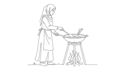 Obraz premium Woman in Hijab Cooking Food on Outdoor Grill with Fire - Line Art