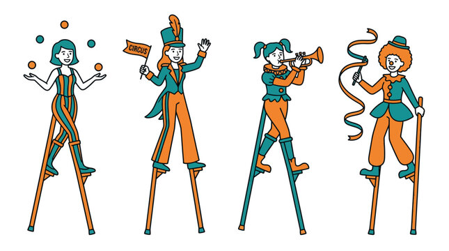 Circus performers walk on tall stilts in an illustration