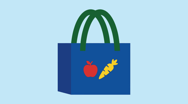 A grocery bag contains simple fruit shapes inside on a surface