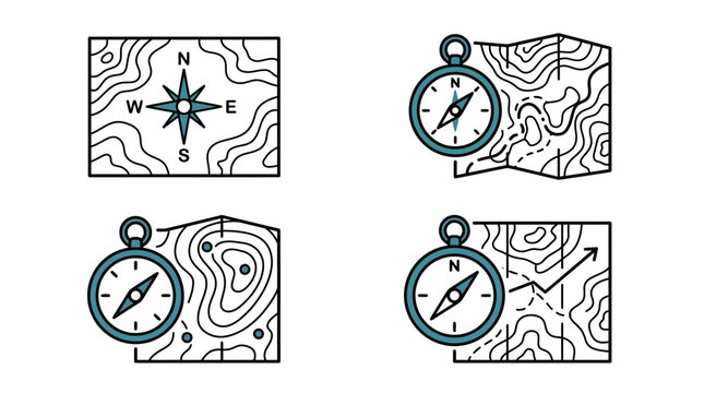 Four simple icons showing topographic maps and compasses