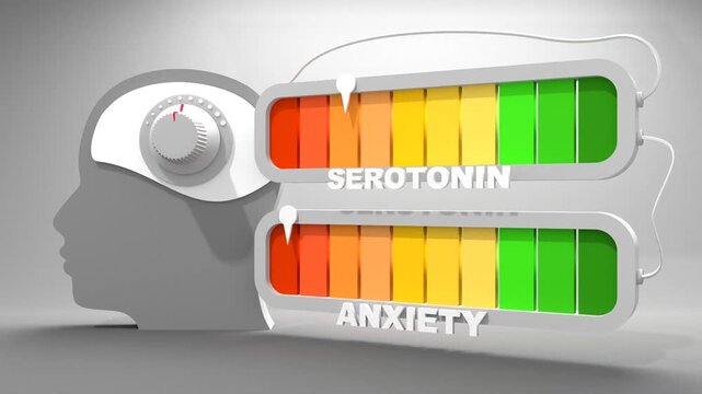 Influence of serotonin on anxiety values. Scales of cause and effect. Meter showing increasing high values. Getting good results. Concept of mental balance, emotional control and stress management.
