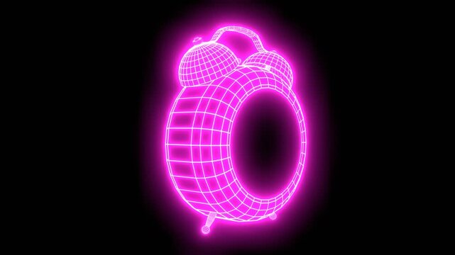Analog clock neon glowing wireframe hologram. Structure made of grid. 3D render