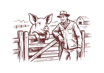 Landrace Pig Collection with Farmer and Piglets in Farm Hand Drawn Rough Sketch Vector Illustration © Az to Design