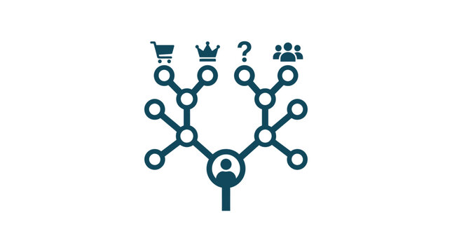 Blue decision tree icon with various consumer symbols.
