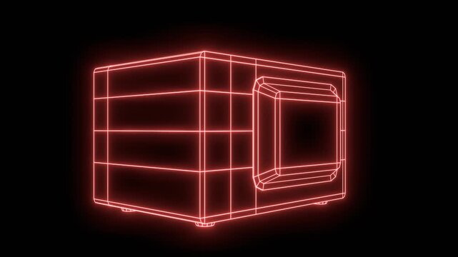 Futuristic kitchen appliances rendered as interconnected glowing wireframes against a dark backdrop. A modern microwave oven kitchen appliance for quick meal preparation and home cooking.