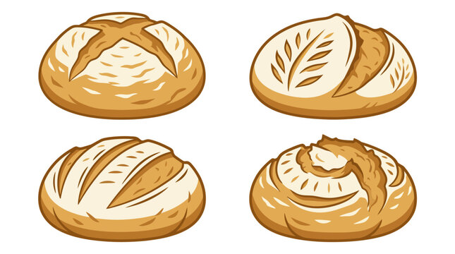 Four freshly baked sourdough bread loaves vector illustration