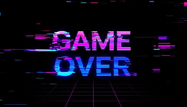 GAME OVER" in glitchy, vibrant neon on a grid