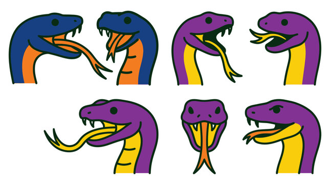 Set of colorful cartoon snake heads with open mouths