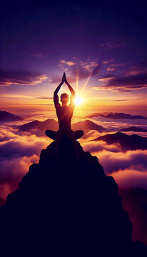 Silhouette of person in lotus pose on mountain top at sunrise, Ai generated image
