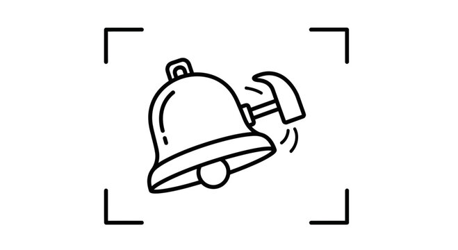Hand Drawn Bell Ringer Icon with Hammer, Alert Notification Symbol