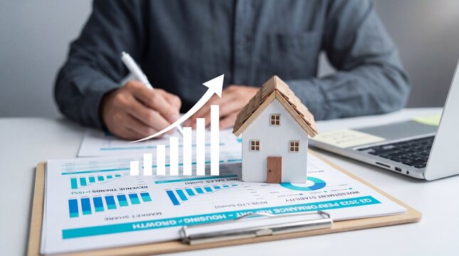 Real estate agent analyzing house market growth with charts