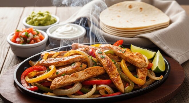 Delicious Sizzling Chicken Fajitas with Colorful Bell Peppers and Onions.
