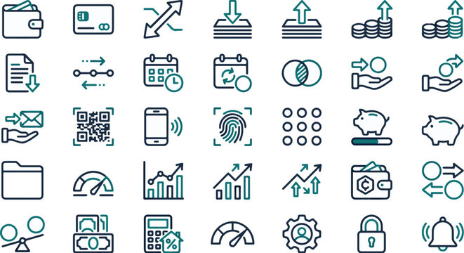 Finance icons set displays a comprehensive collection of digital elements for banking, investment management, and secure online transaction processing in a modern graphic interface.