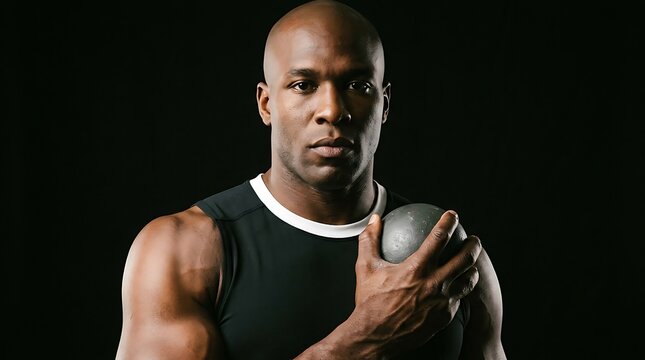 Portrait of a determined African American male athlete holding a shot put ball, ready for competition