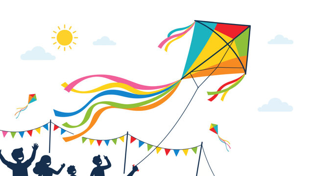 Colorful Kite Flying High in the Sky with People Celebrating.