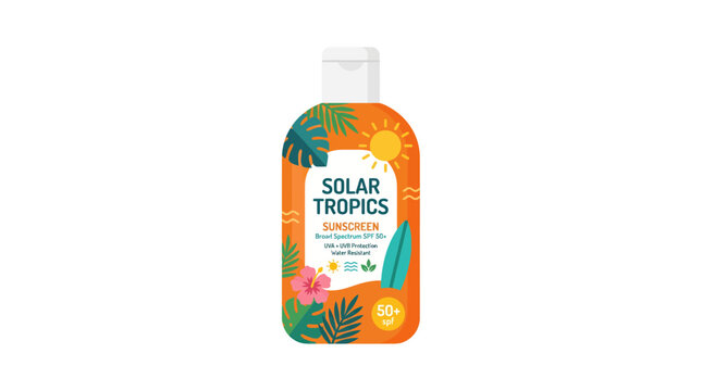 Solar Tropics Sunscreen Bottle with Tropical Leaf Design.