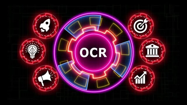 Ocr optical character recognition technology concept with neon glowing icons.
