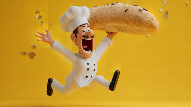 Cartoon Baker Running with Loaf of Bread and Crumbs Falling
