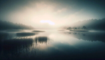 Fototapeta premium An early morning scene with thick mist creeping over the surface of a calm lake, soft diffused light filtering through the silhouettes of trees on the distant shore, Ai generated image
