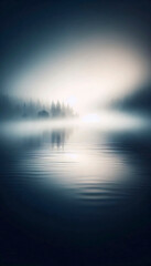 Fototapeta premium An early morning scene with thick mist creeping over the surface of a calm lake, soft diffused light filtering through the silhouettes of trees on the distant shore, Ai generated image