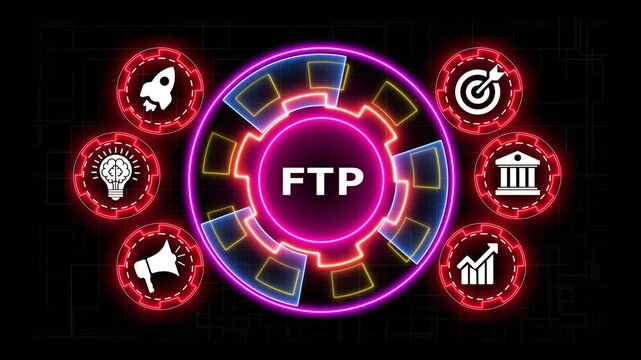 Futuristic neon circles graphic with business icons and FTP text overlay.