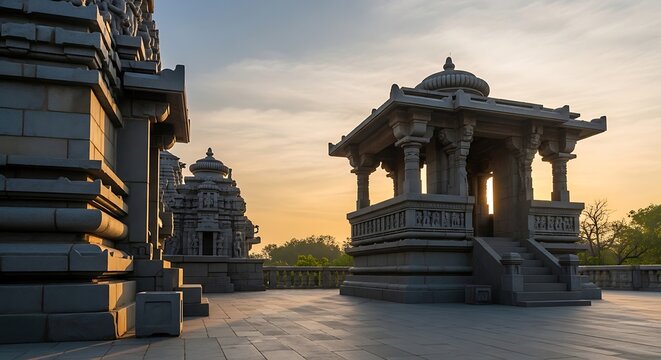 Ancient Stone Pavilion and Temple Structures at Sunset
